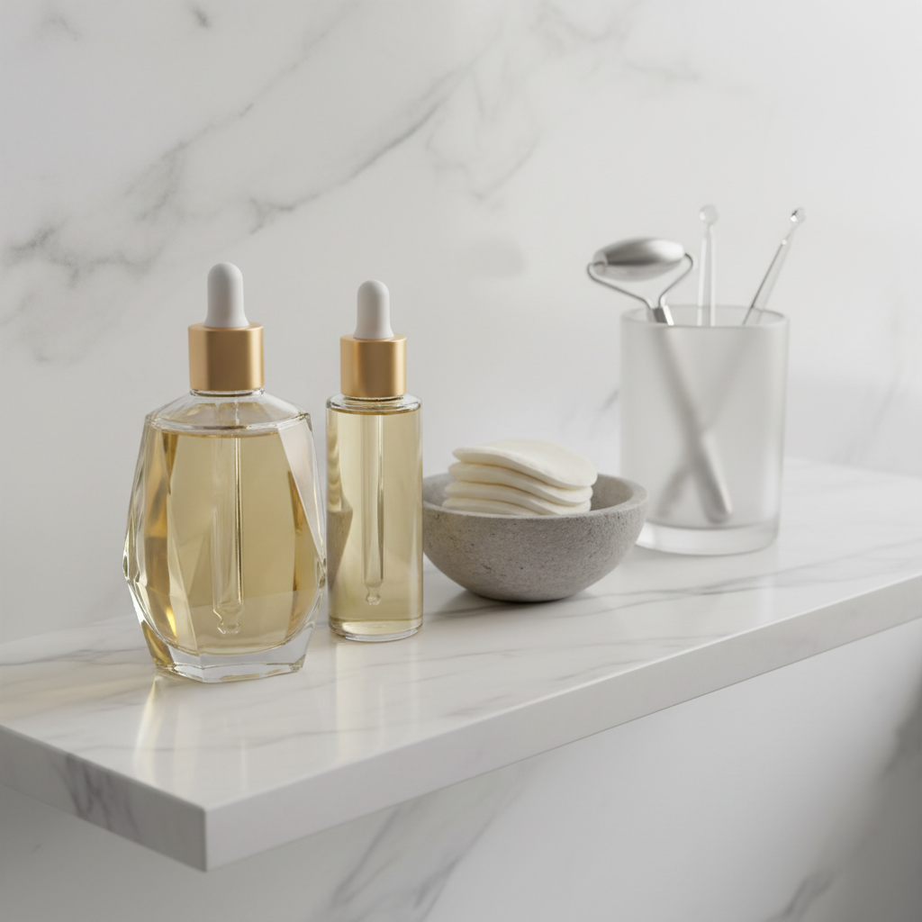 A close, detailed shot of a marble bathroom shelf featuring two comparable glass bottles of facial oil, one with a heavy, faceted design and the other with a simple cylindrical form, both filled with pale golden liquid to suggest ingredient dupes. Nearby, a small textured stone bowl holds reusable cotton pads, and a frosted glass tumbler contains minimalist, unbranded skincare tools. Soft overcast daylight enters from the right, creating a serene, diffused glow and delicate reflections on the marble. Photographic realism, captured from a slightly elevated, three-quarter angle with a refined, minimal composition, conveying clean, intelligent luxury on a budget.