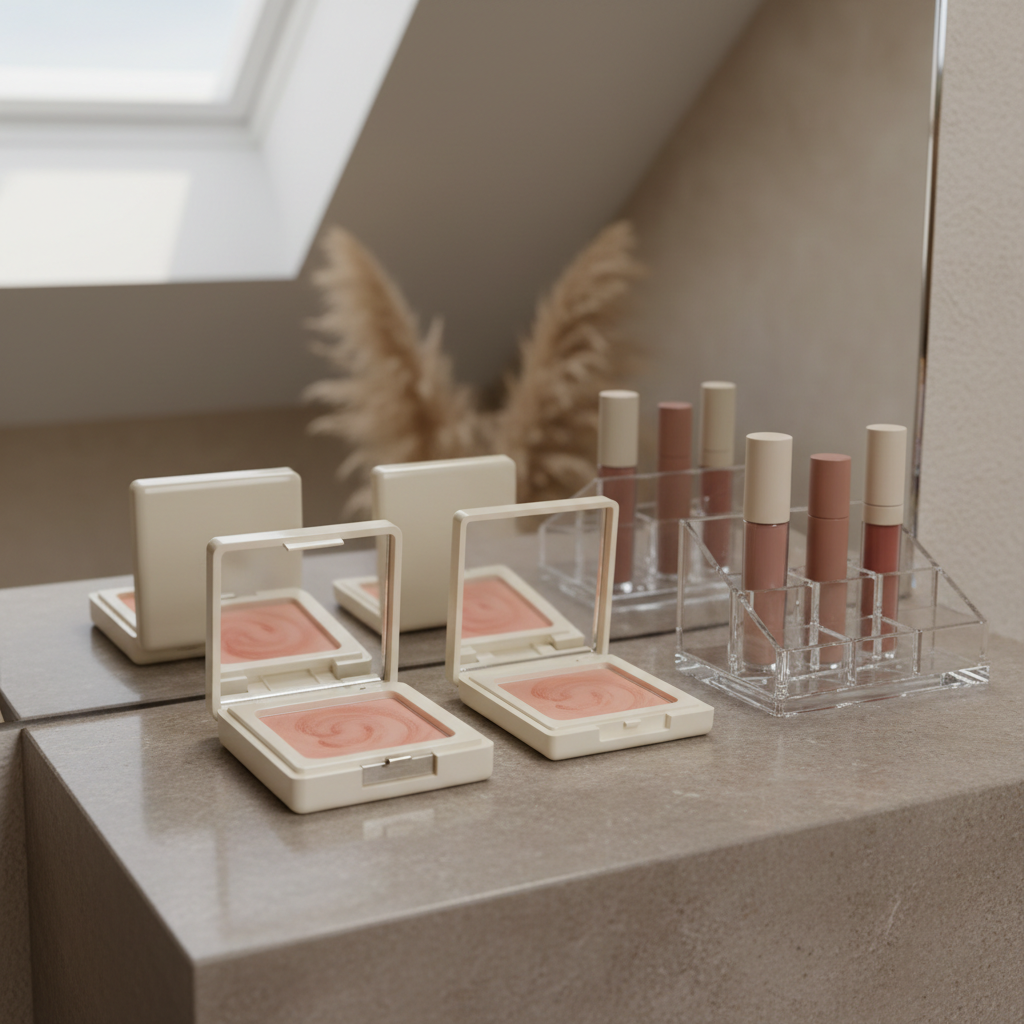 A sleek stone vanity top in warm grey with two nearly matching cream blush compacts open side by side, one in a glossy, weighty-looking case and the other in a simple matte plastic. Next to them, a clear acrylic organizer holds a few neutral-toned lip products without branding. A frameless mirror reflects blurred hints of dried flowers and soft beige walls. Cool, diffused daylight from an overhead skylight creates a sophisticated, spa-like ambience and subtle highlights on the product surfaces. Captured in photographic realism from a slightly elevated angle with rule-of-thirds composition and shallow depth of field, emphasizing clean beauty dupes and refined, yet accessible, luxury.