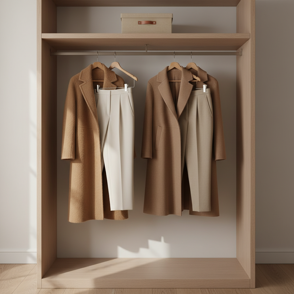 An open wardrobe with two curated capsule outfits displayed side by side on wooden hangers: one featuring a cashmere-like camel coat and tailored trousers, the other a nearly identical silhouette in an accessible fabric, both in soft neutral tones. The garments hang against a matte off-white wall inside a minimal built-in closet with a single beige storage box on the top shelf. Indirect daylight filters in from a nearby unseen window, creating soft, even illumination and gentle shadows along the folds. Photographic realism, eye-level composition with a slight angle, conveying an elegant, considered comparison of high-end aesthetic and budget-friendly alternative, in a serene, uncluttered atmosphere.